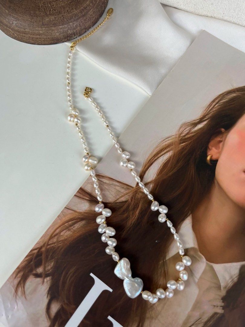 #PN368 Connected Heart|Freshwater Pearl Necklace |Bow Shaped Baroque Pearl |Wheat Ear Design