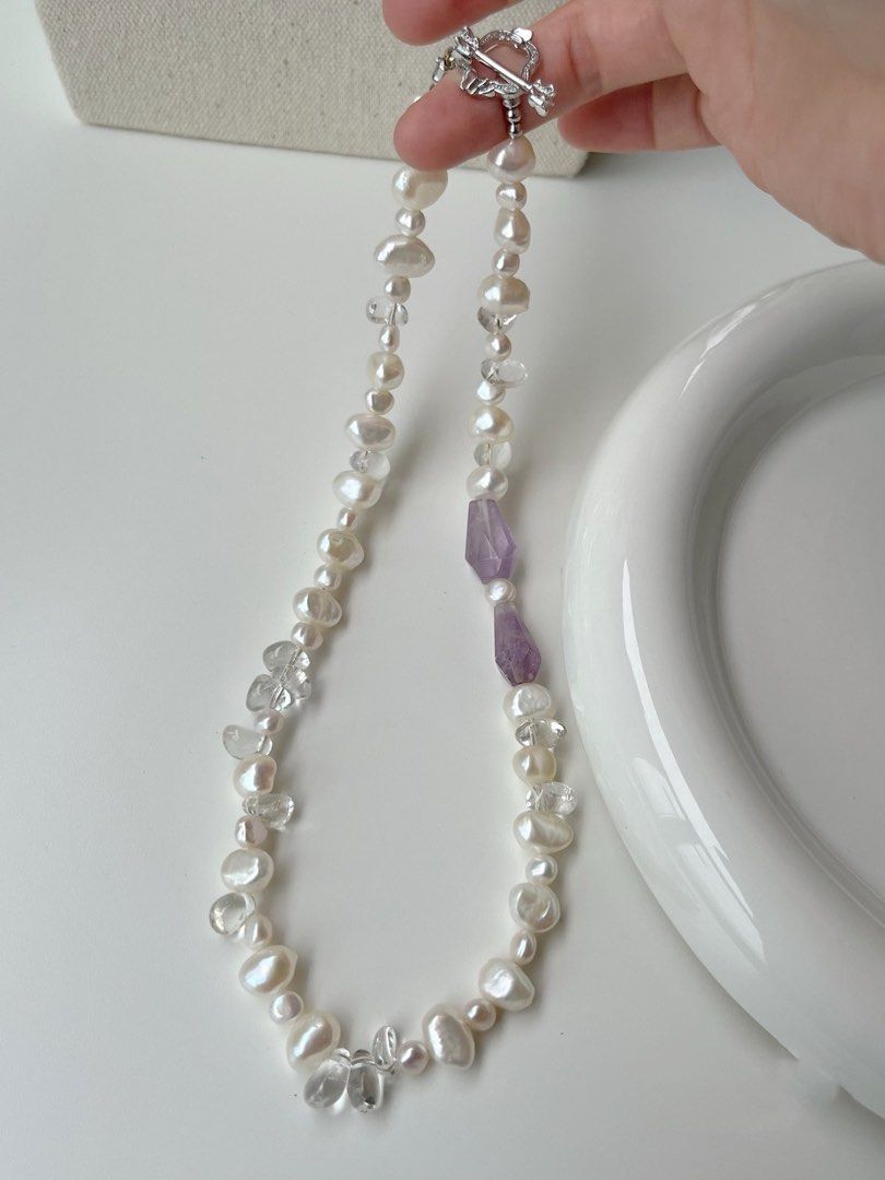 #PN401 Clear Purple |Freshwater Pearl Necklace |Baroque Pearl | Amethyst Pointer |Clear Quartz