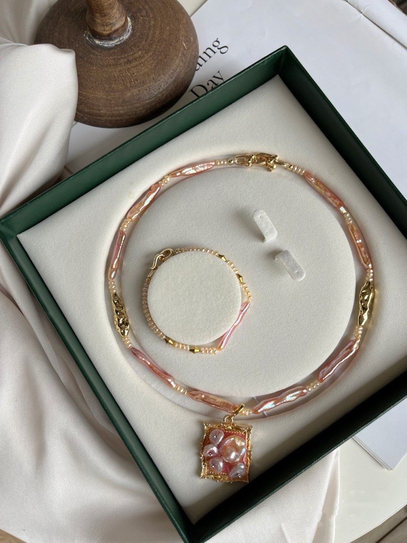 #PN04 Lustrous Lute|Freshwater Pearl Necklace & Bracelet Set |Supreme Pink-purple Lustre|Removable Frame Pendant |Baby Pearl