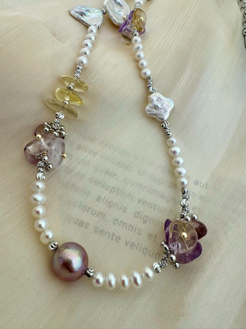 #PN433 [Floral Series ] Silver Flower| Freshwater Pearl Necklace |High Quality Purple Quartz |Silver-Grey Petal Pearl |Yellow Quartz |Baby Pearl|Clover Shaped Pearl |Metallic Edison Pearl