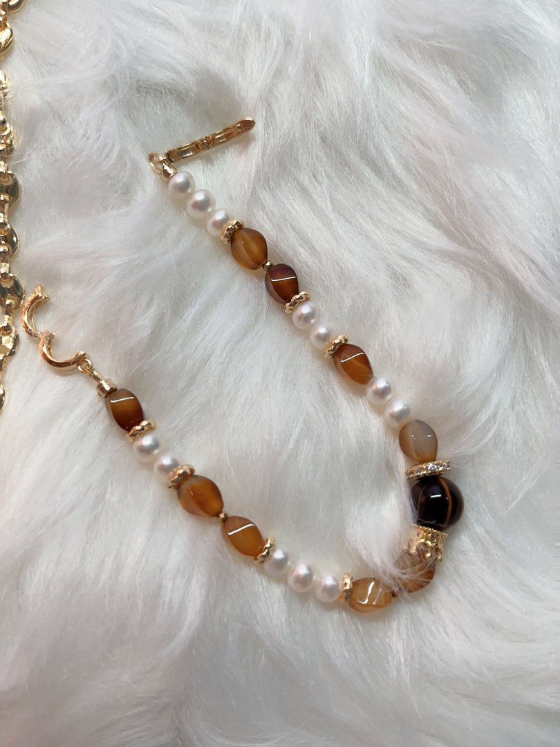 #PN282 Dreamy Embrace | Freshwater Pearl Necklace | Yellow Tiger Eye| Agate Faceted | Detachable