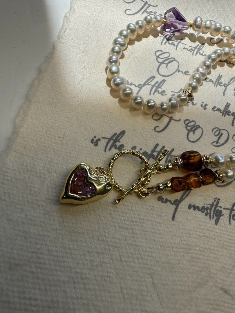 #PN440 Pink Heart|Freshwater Pearl Necklace |Amber|Clear Amethyst | Multi Wear|Lustrous