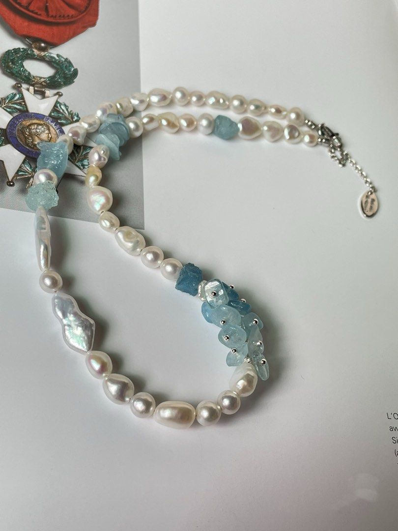 #PN356 [Floral Series] Oceanic Wonders|Freshwater Pearl Necklace |Aquamarine Petal, Chip, Original Stone|Irregular Keshi Baroque Pearl