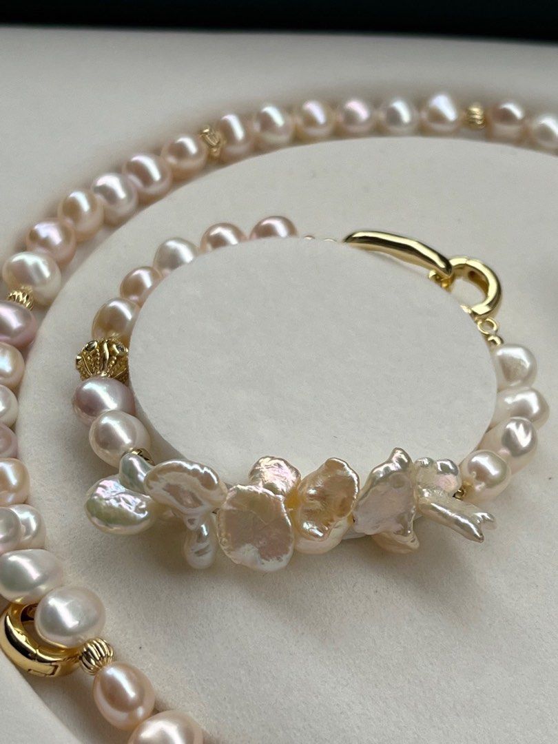 #PN186 [Floral Series] Morandi Colour High Quality Freshwater Baroque Pearl Petal Necklace & Bracelet Set|Genuine Conjoined Pearls