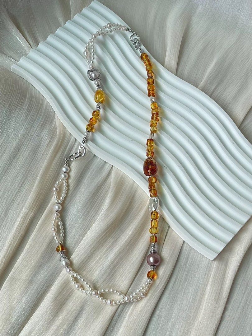 #PN354 Woven Golden |Freshwater Pearl Necklace & Bracelet Set |Edison Pearl |Beeswax Freeform, Cubes|Double-layer