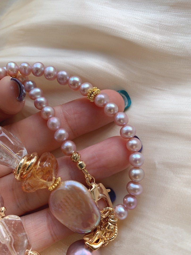 #PN396 [Sale]Freshwater Baroque Pearl Necklace |Bold Design|Big White Quartz |Big Edison Pearl |Strawberry & Yellow Quartz |Purple