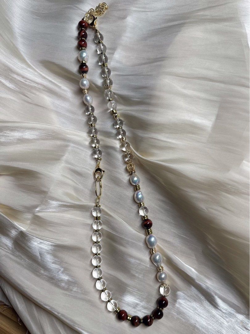 #PN189 [Sale]Pure Red|Freshwater Pearl Necklace & Bracelet Set |High Quality White Quartz |Red Tiger Eye|Big Baroque Pearl |Connect to Longer Necklace