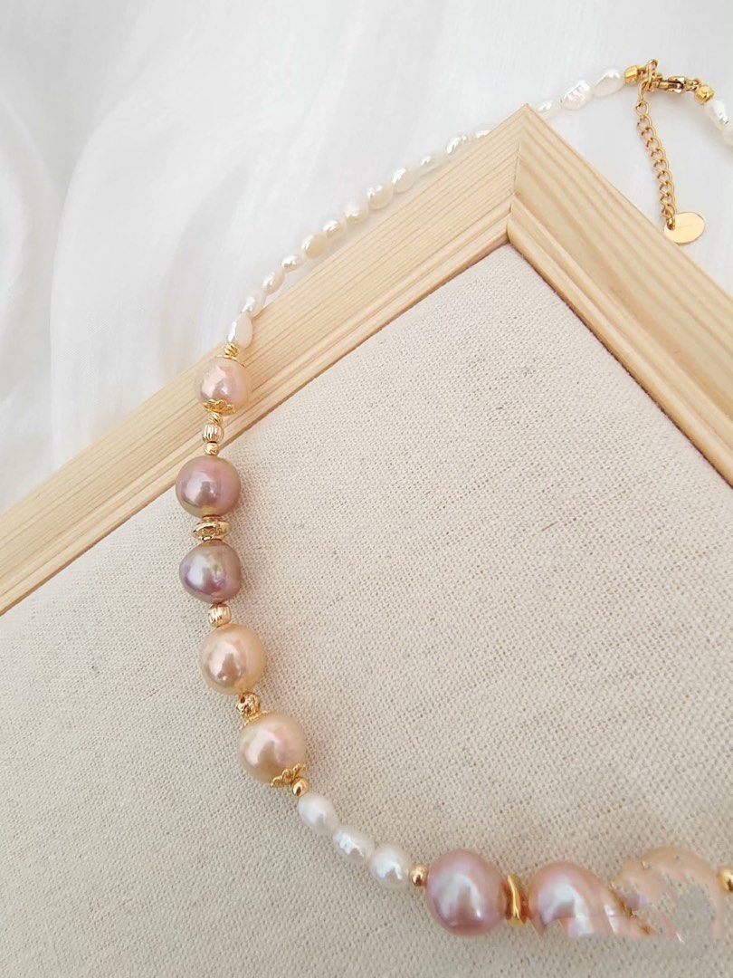 #PN381 [Clearance Sale] Golden Stage| Freshwater Pearl Necklace | Peach, Purple Baroque Pearl | Baby Baroque Pearl | Excellent Lustre