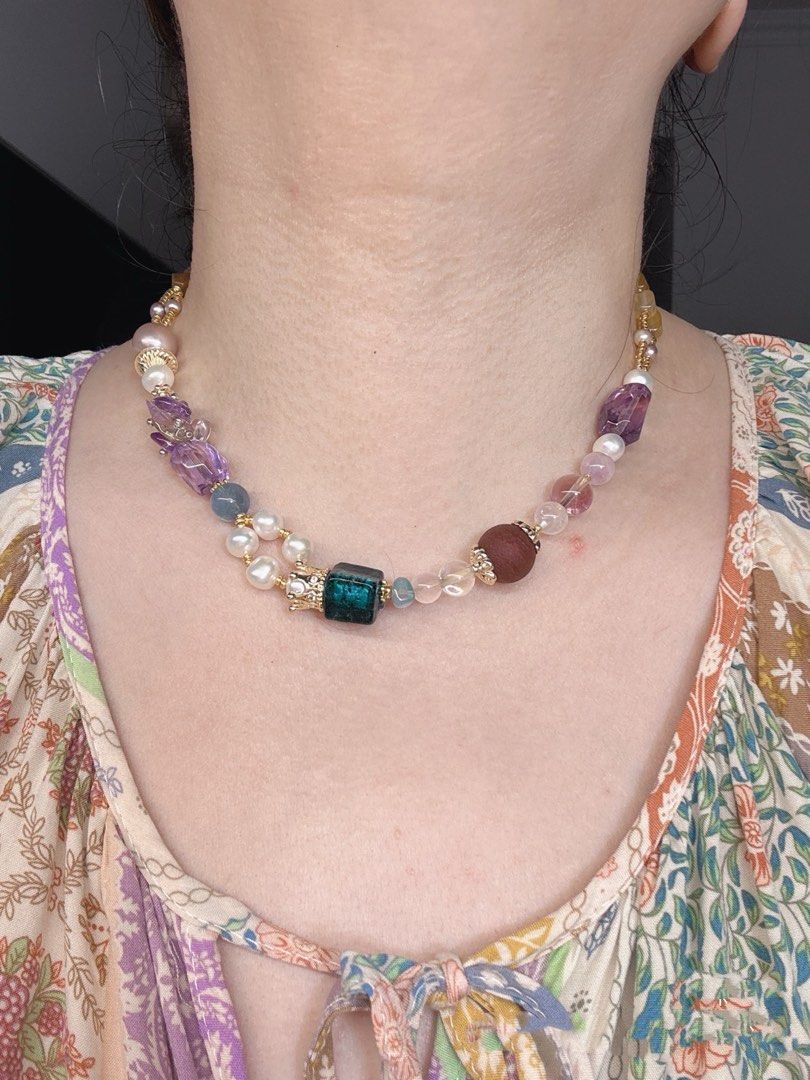 #PN424 [Floral Series] Dream Catcher| Freshwater Pearl Necklace |Purple Quartz |Purple Edison Pearl |Tea Agate