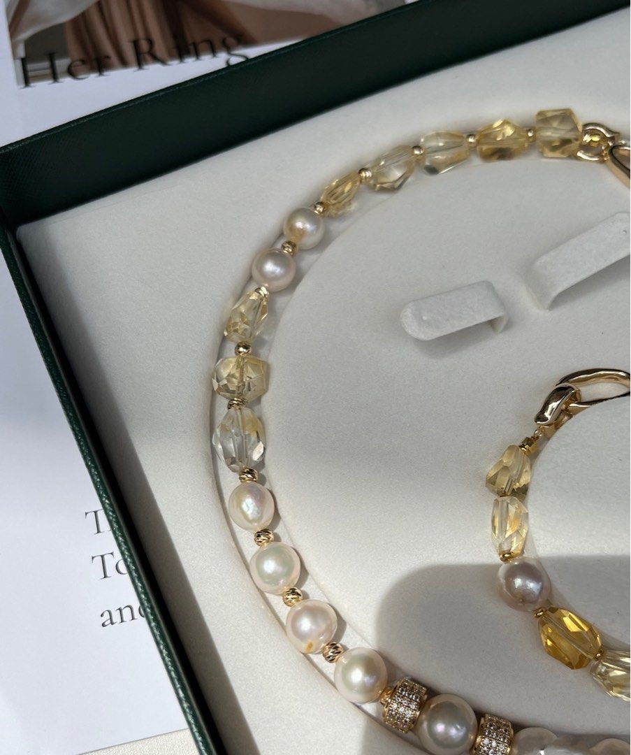 #PN187 Gilt Freshwater Baroque Pearl & Yellow Quartz Necklace & Bracelet Set |Wrinkled Baroque Pearl