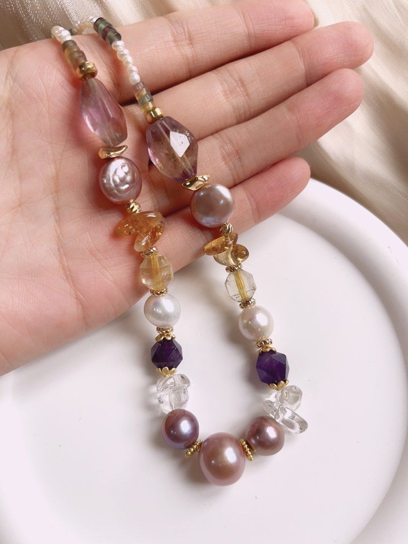 #PN391 [Sale]Medium Long Freshwater Pearl Necklace |Colourful|Baroque Pearl |Purple Quartz |Yellow Quartz