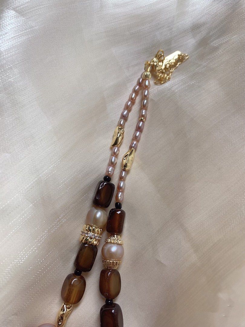 #PN390 [Sale]Handmade Original Design |Freshwater Pearl Necklace |Brown Agate|Natural Stones|Big Baroque Pearl |Button Pearl