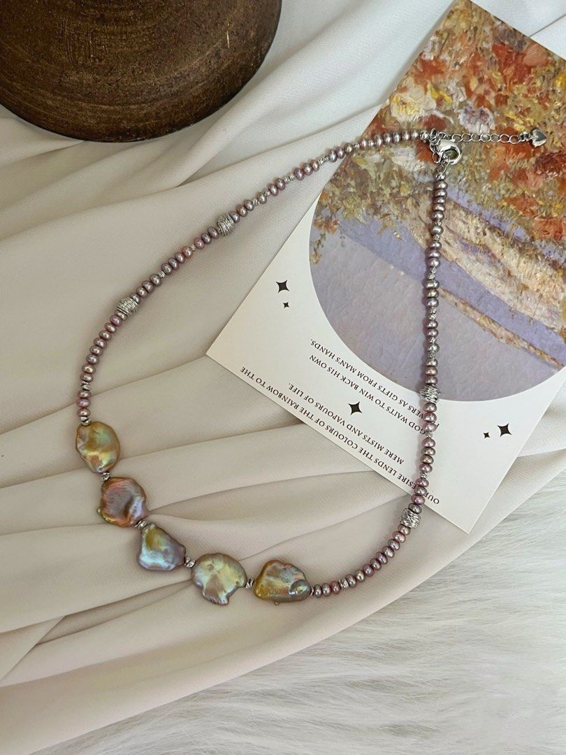 #PN371 Golden Petal |Freshwater Pearl Necklace |Golden-purple Lustre|Dark Purple Baby Baroque Pearl |Big Pearl Petal |Top Lustre