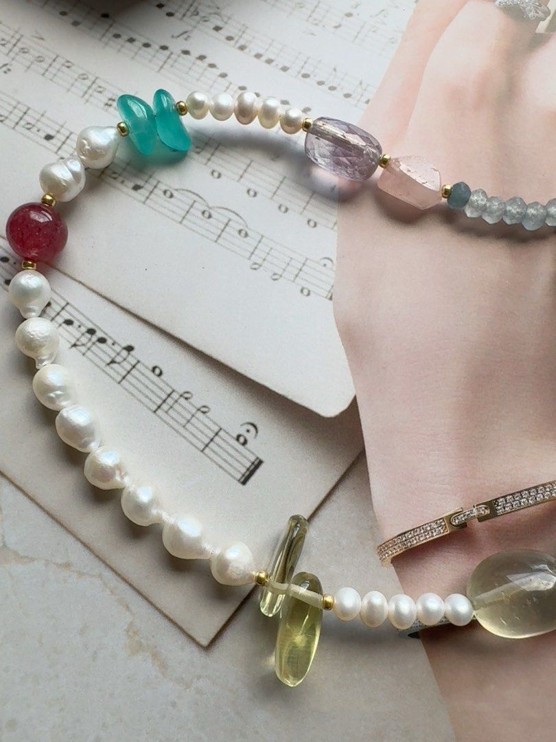 #PN413 Grey Sky|Freshwater Pearl Necklace |Small Waterdrop Pearl|Rose Quartz | Amazonite |Citrine |Grey-blue Aquamarine