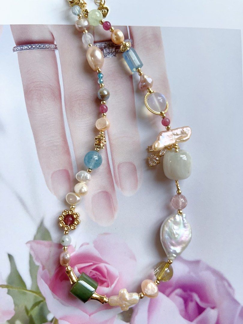 #PN403 “Rose Garden” Natural Freshwater Pearl Necklace |Natural Stones|Moonstone|Jade|Aquamarine|Tourmaline|Agate|Baroque Pearl |Mixed Shape