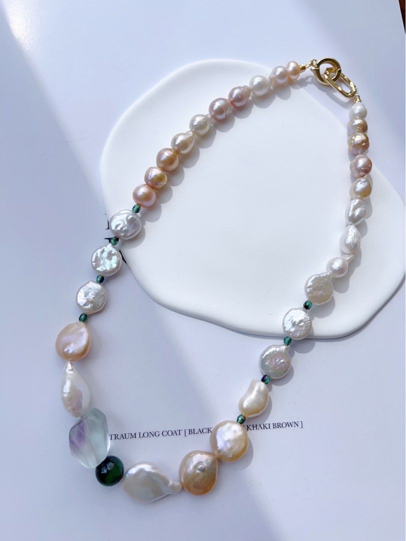 #PN399 [Sale]Autumn’s Forest |Freshwater Pearl Necklace |Fluorite|Malachite|Coin Pearl |Colourful|Wrinkled Baroque Pearl |Golden Lustre