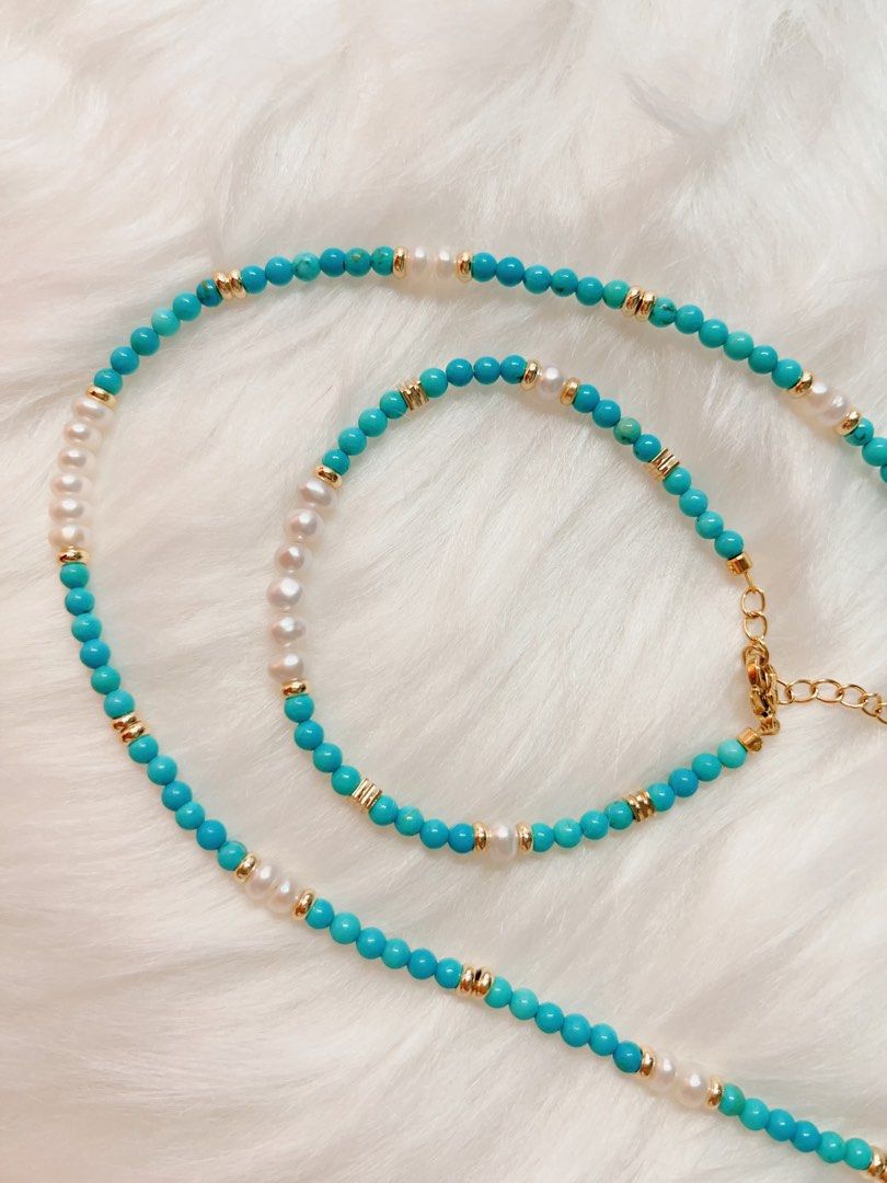 #PN328 Skyline | Freshwater Pearl Necklace & Bracelet Set | Turquoise | Baby Baroque Pearl