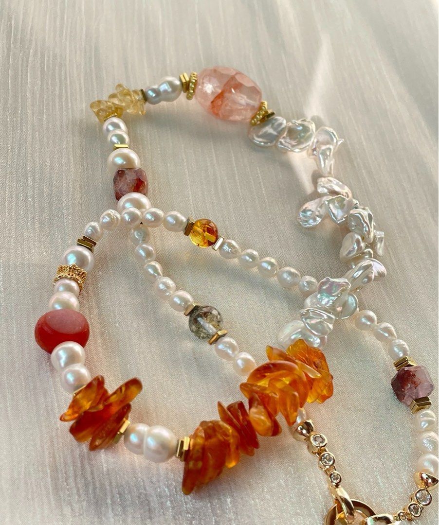 #PN303 Nature’s Elegance |Freshwater Pearl Necklace |Beeswax Petal|Big Fire Quartz Barrel |Petal Baroque Pearl |Green Phantom | Citrine Debris