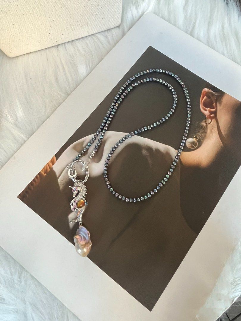 #PN370 Deep Sea|Freshwater Pearl Necklace |Seahorse Pendant |Purple-golden Big Baroque |Baby Dark Pearl |Rare|Gothic Style |Electro-coated Colour