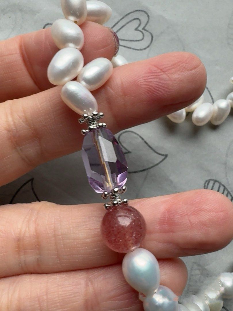 #PN425 Fresh Breeze|Freshwater Pearl Necklace |Wheat Ear Design|Baroque Pearl |Purple Quartz |Strawberry Quartz