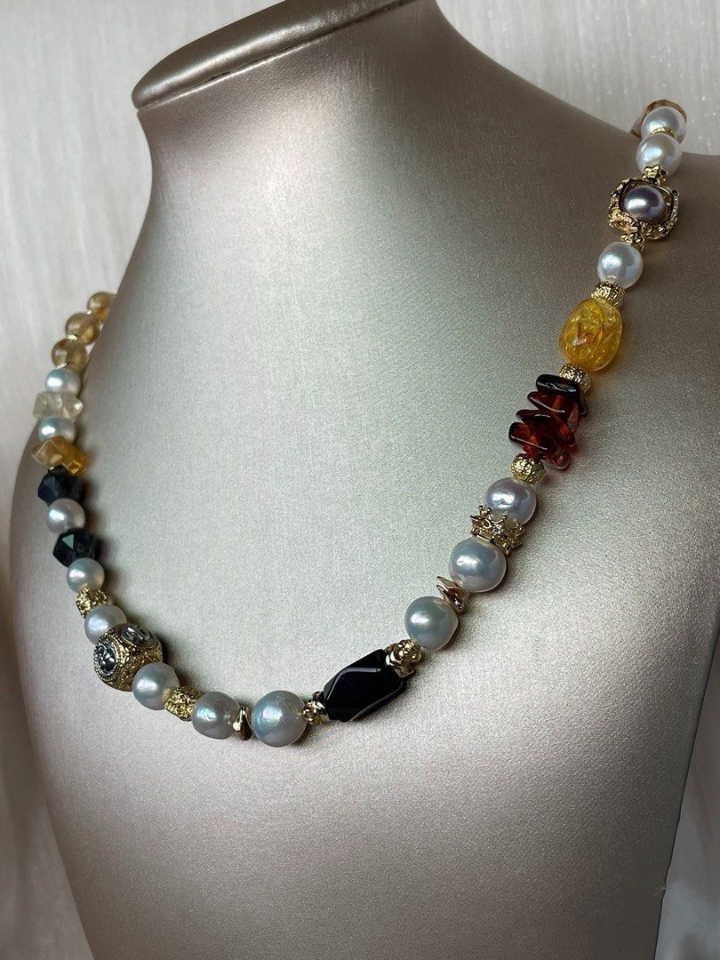 #PN357 Earthly Essence |Freshwater Pearl Necklace |Beeswax|Citrine Free Form|Amber |Iolite Faceted|Agate|Baroque Pearl