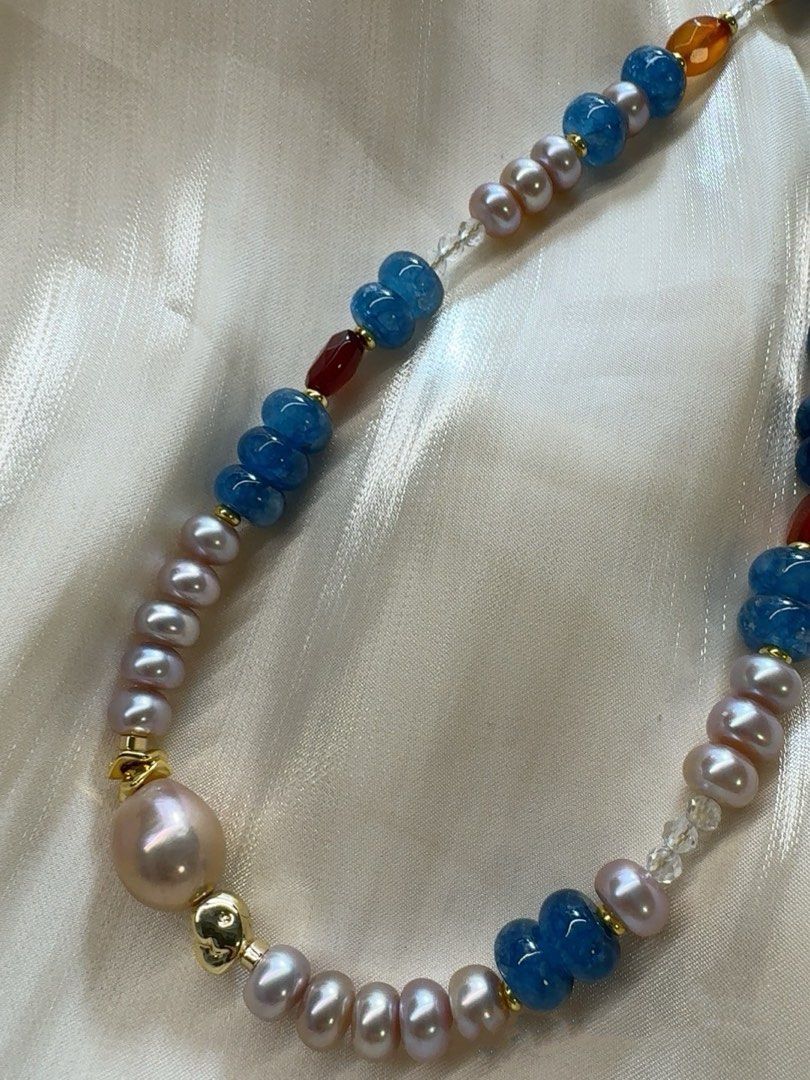 #PN306 [New Arrival Offer] Timeless Treasures |Freshwater Pearl Necklace |Aquamarine|Bun Shaped Baroque Pearl |Garnet