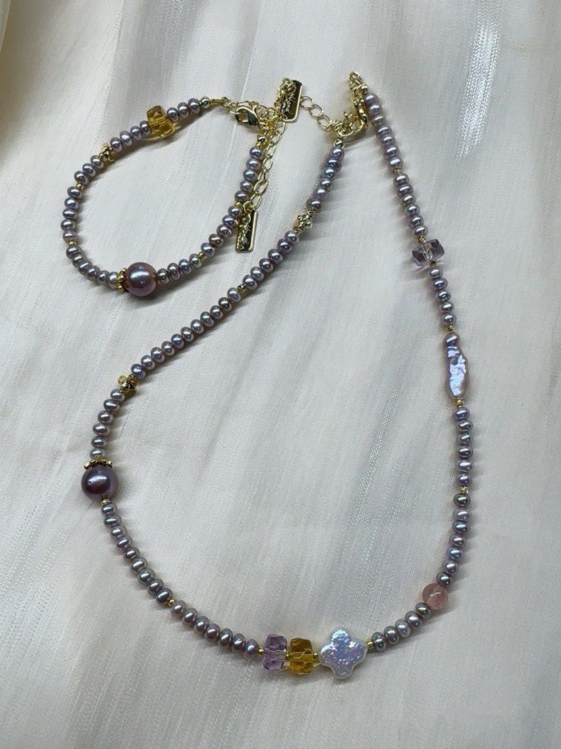 #PN57 Lavender Sea|Freshwater Pearl Necklace & Bracelet Set |Lustrous Baby Baroque Pearl |High-quality Yellow Quartz |Purple Quartz