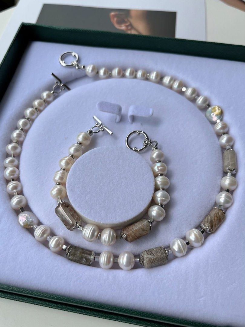 #PN234 Unisex| Freshwater Pearl Necklace & Bracelet Set |UFO Shaped Pearl |Grey Agate|Natural Growth Lines