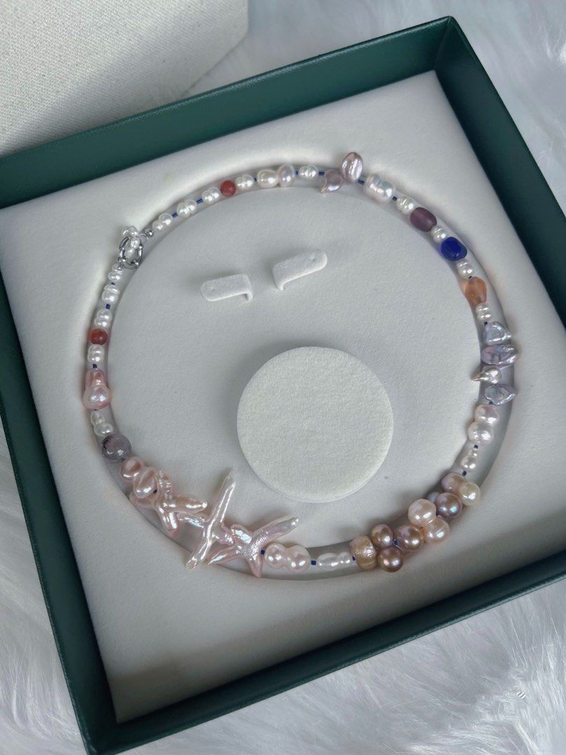 #PN431 Pink & Blue|Freshwater Pearl Necklace |Cross Shaped Pearl|Gourd Shaped Pearl |Mixed Sizes|Bronze Colour