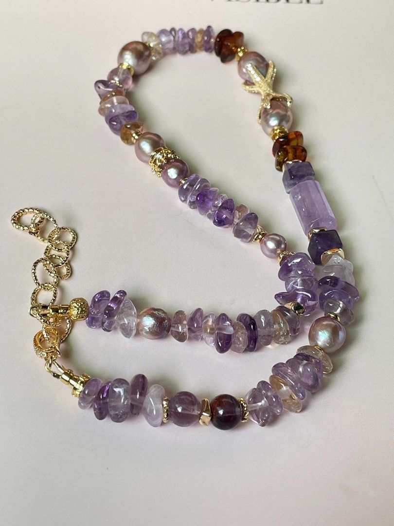 #PN304 Pearl & Stone Serenity | Freshwater Pearl Necklace | Amethyst Stack, Barrel | Amber Stack | Edison Pearl