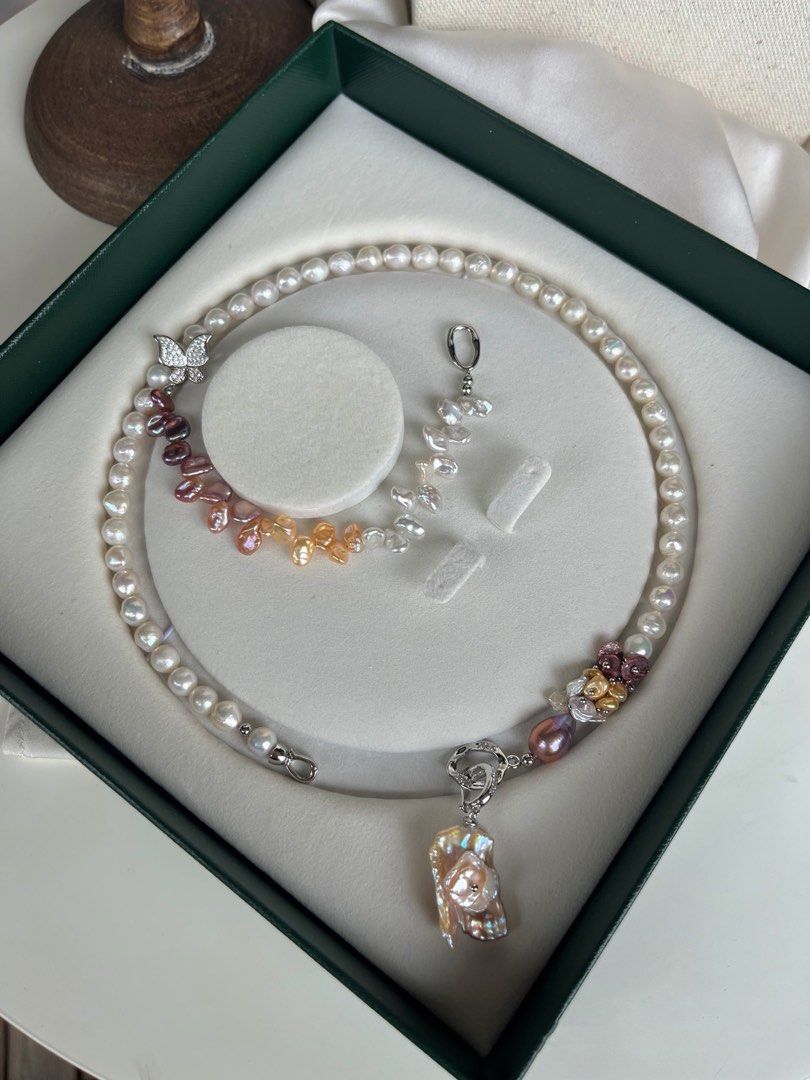 #PN27 [Floral Series] Gradient Flower |Freshwater Pearl Necklace & Bracelet Set |Rainbow Colour |Lustrous Baroque Pearl |Wrinkled Pearl |Removable Pendant |Multi Wearing |Butterfly Clasp