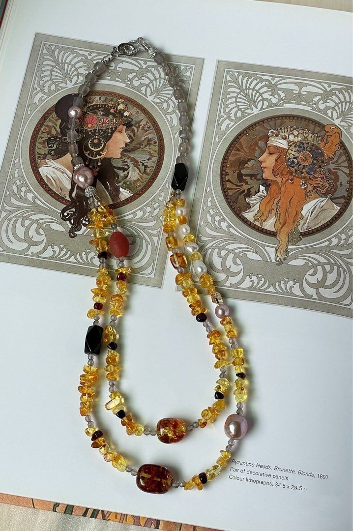 #PN301 Yellow Summer| Freshwater Pearl Necklace | Grey Agate Cubes|Double-layer|Amber Freeform |Beeswax Chip|Purple Baroque Pearl