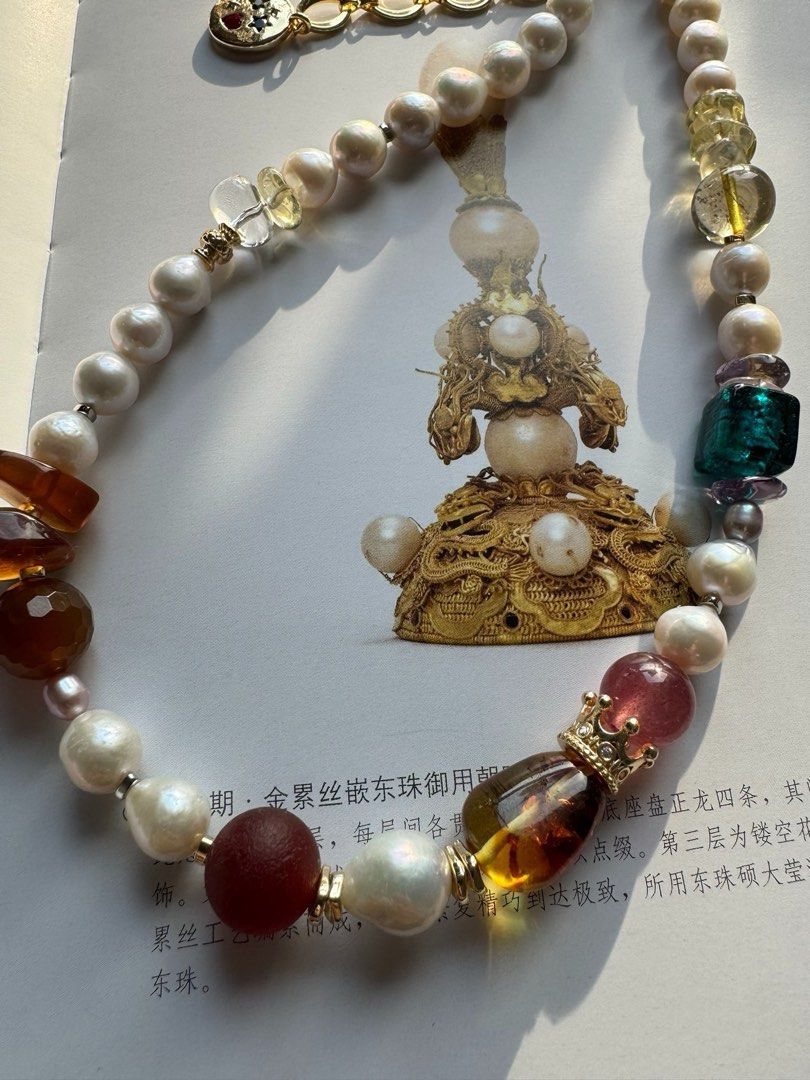 #PN423 Summer Break|Freshwater Pearl Necklace |Baroque Pearl|Amber|Strawberry Quartz |Beeswax|Yellow Quartz