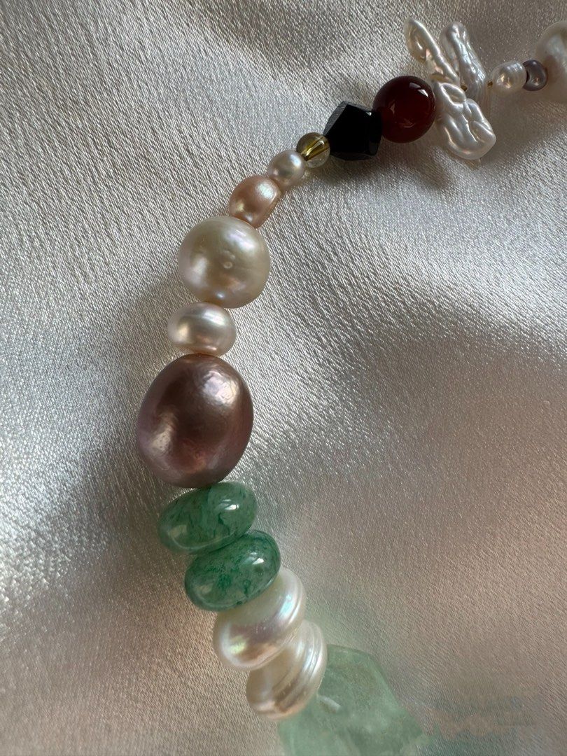 #PN415 Green Elf|Freshwater Pearl Necklace |Natural Flaws|Jade|Fluorite|Purple Quartz |Mixed Shapes