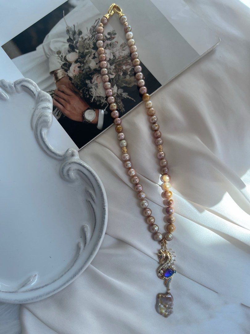 #PN264 Golden Wonder|Freshwater Pearl Necklace |Vintage|Natural Metallic Colour |Seahorse Pendant