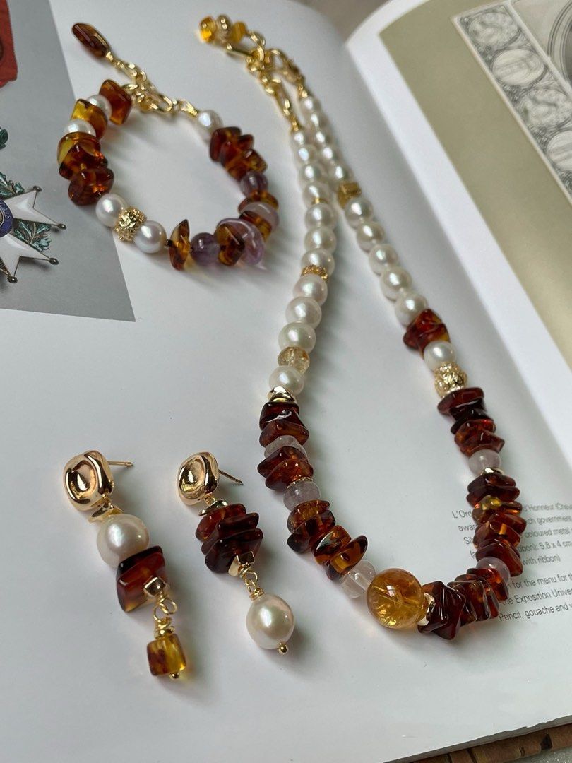 #PN355 Luxe Layers|Freshwater Pearl Necklace & Bracelet & Earrings Set |Baroque Pearl |Amber Chip|Amethyst|Big Citrine