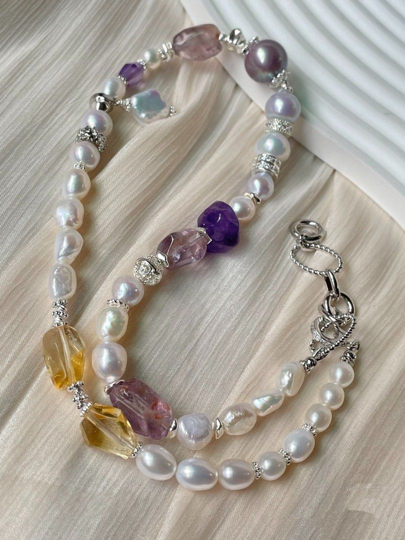 #PN61 Bespoke Beauty|Freshwater Pearl Necklace & Bracelet Set |13.2mm Big Edison Pearl|”stone” Baroque |Citrine Freeform|Amethyst Freeform|Removable Pendant