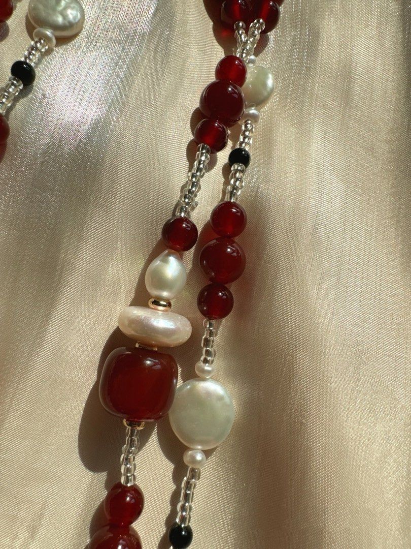 #PN247 Dark Moon|Freshwater Pearl Necklace |Double-layered|Garnet|Perfect Coin Pearls|Lustrous|Cool Silver