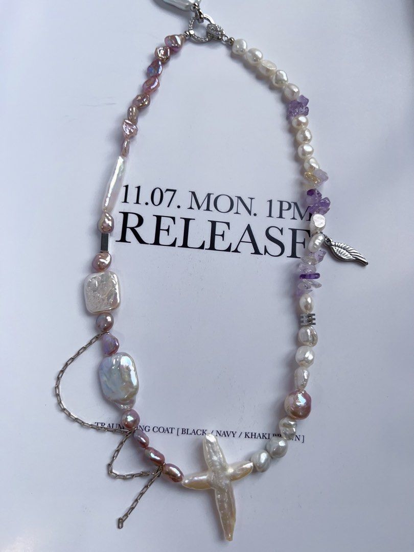 #PN407 [Sale]Handmade Original Design Freshwater Pearl Necklace |Double-sided|Big Waterdrop Baroque Pearl Removable Pendant|Cross|Purple Quartz |Dripping