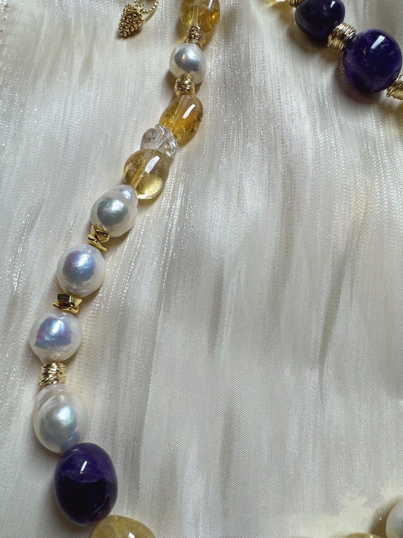 #PN12 Gorgeous Purple |Freshwater Pearl Necklace|Big Yellow Quartz |Big Purple Quartz |Deep Purple |Beeswax|Big Baroque Pearl |Irregular|Strong Presence