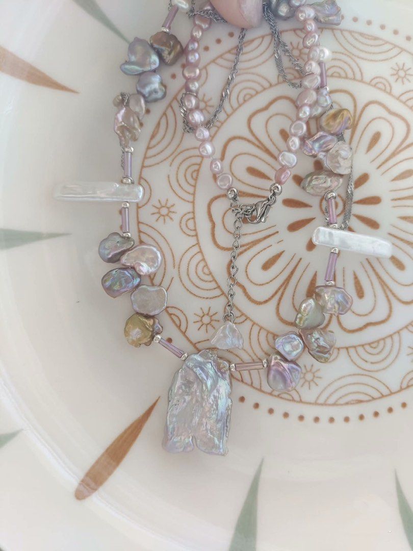 #PN395 [Sale]Fairy Purple Baroque Petals Pearl Necklace |Gilt Colour|Dangling Chains