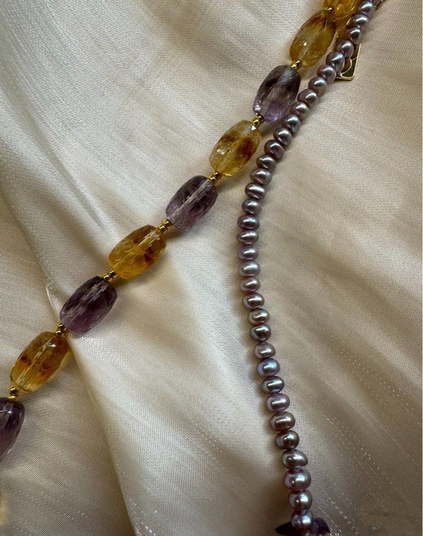 #PN441 [Floral Series] Purple Heart|Freshwater Pearl Necklace |Purple & Yellow Quartz |Baby Baroque Pearl |Lustrous