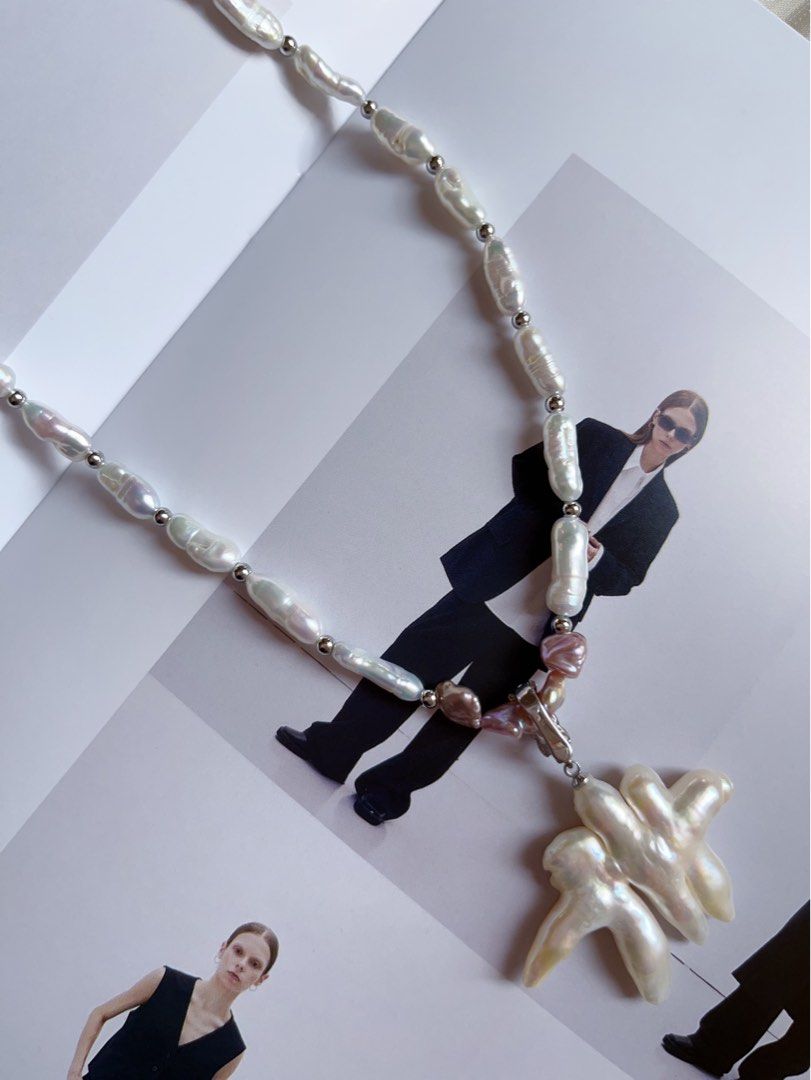 #PN385 [Sale]Handmade Original Design Freshwater Pearl Necklace |”Stick” Baroque Pearl |Natural Joining Cross Pearl Pendant Removable