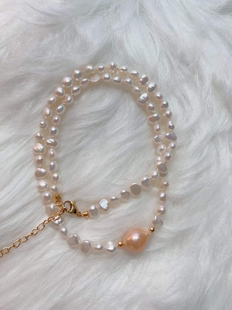 #PN405 Pink in White| Freshwater Pearl Necklace & Bracelet Set | Big Baroque Pearl | Champagne Pink| White Baroque Pearl | Lustrous