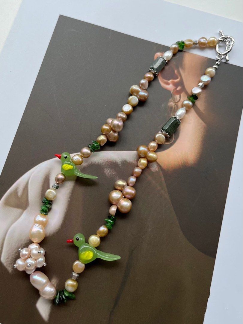 #PN165 [Floral Series] Birds in Jungle|Freshwater Pearl Necklace |Jade|Natural Stone|Gourd Pearl|Baroque Pearl|Golden Lustre
