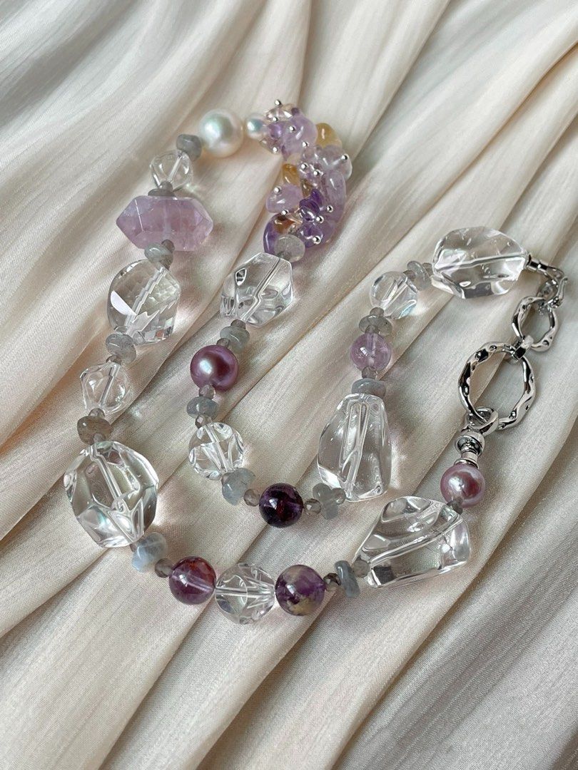 #PN351 [Floral Series] Jewels of the Earth|Freshwater Pearl Necklace |High Quality Big Clear Quartz Freeform |Edison Pearl |Ametrine Petals|Purple Phantom