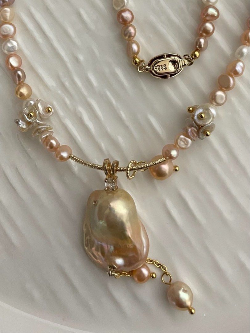 #PN69 [Floral Series] Freshwater Pearl Necklace & Bracelet Set|Colourful |Lustrous|Petal Pearl |Big Baroque Pendant |Dangling Design|Wrinkled Pearl