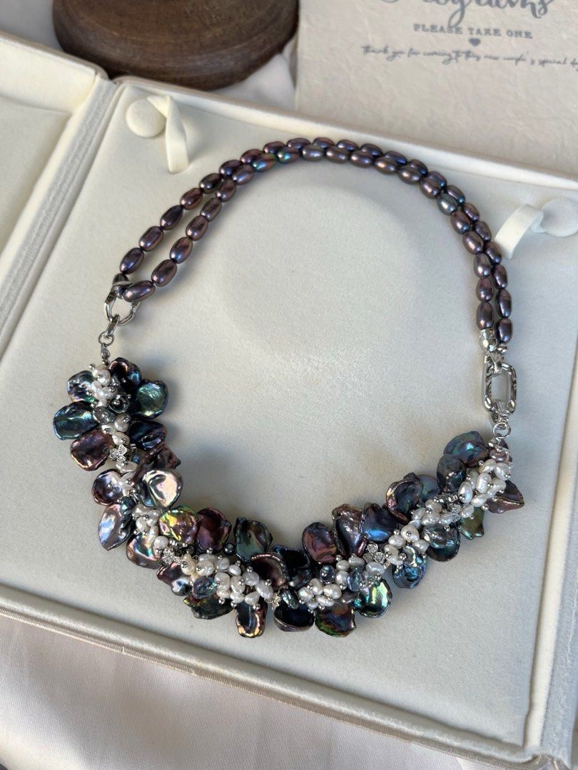 #PN362 [Floral Series] Night Queen|Freshwater Pearl Necklace |Heavy Made|Colorful Black|Deep Metallic Pearl |Lustrous Petal |White Baby Pearl |Rice Pearl |Multi Wear|Gothic Style