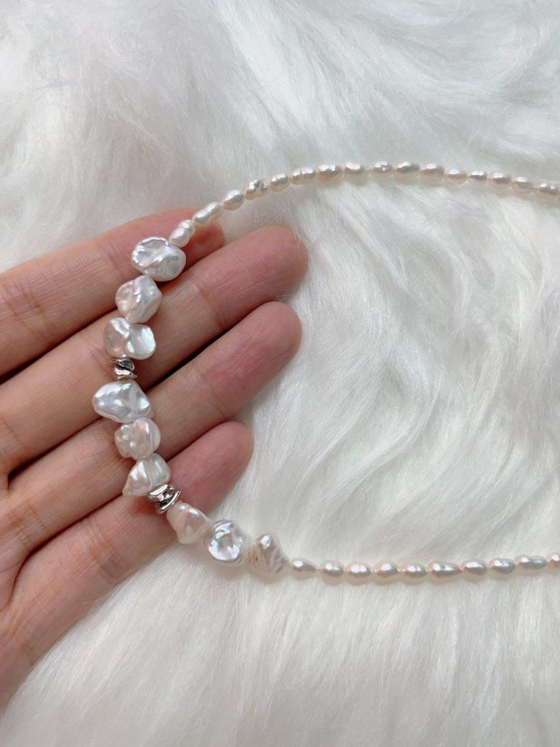 #PN340 Cool & Sweet| Freshwater Pearl Necklace | Ancient Silver Shape Baroque Pearl | Silver-ish Lustre| Baby Keshi Pearl