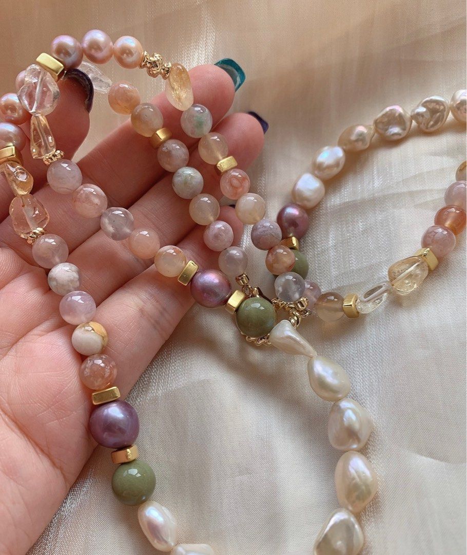 #PN219 Baroque Pearl & Natural Stone Necklace & Bracelet Set |Rose Quartz |Flower Agate|Citrine